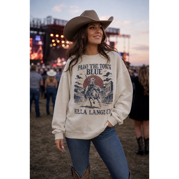 Gildan Tops - Ella Langley Paint The Town Blue Sweatshirt Tan Western Graphic Crewneck XL